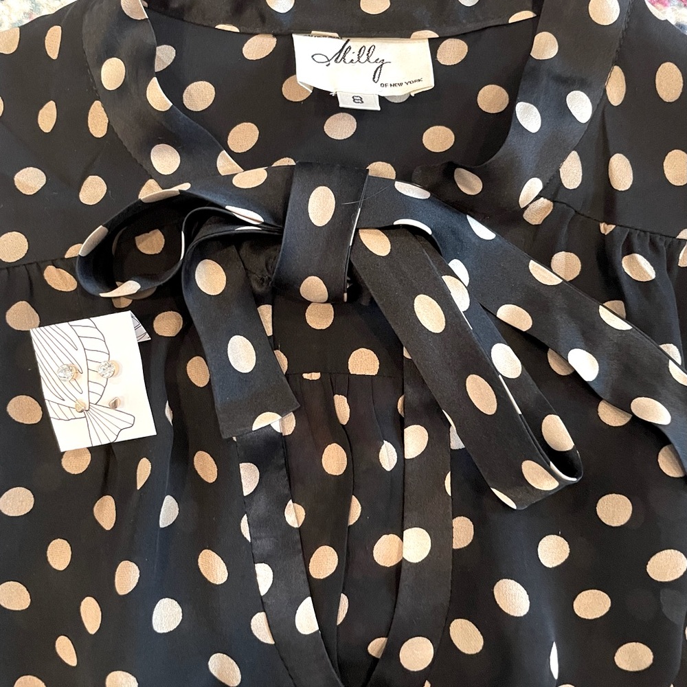 Milly short sleeve silk blouse, black polka dot. Bonus Anthropology earrings!!